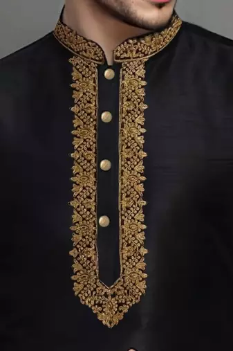 Black embroidered dupion art silk kurta set