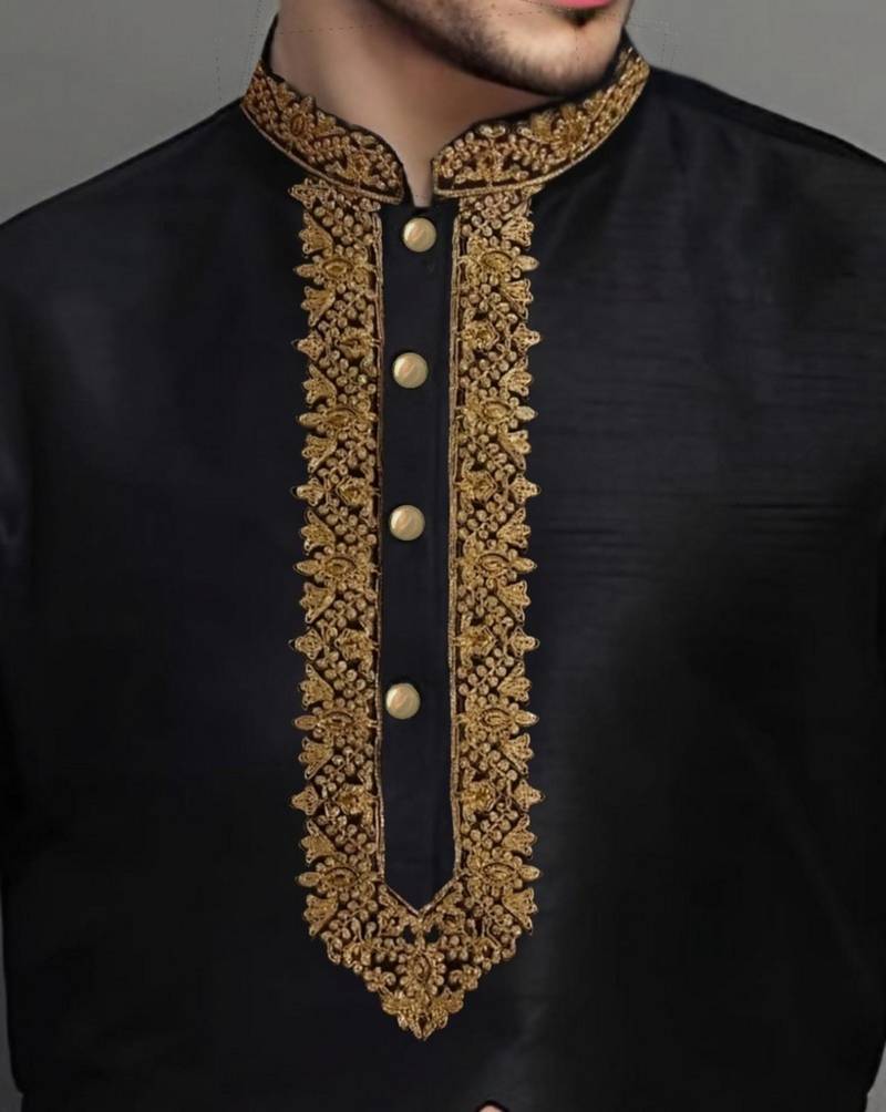Black embroidered dupion art silk kurta set