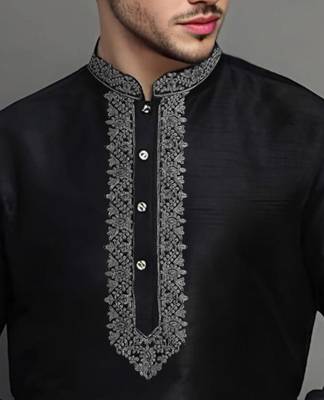Black embroidered dupion art silk kurta set 2