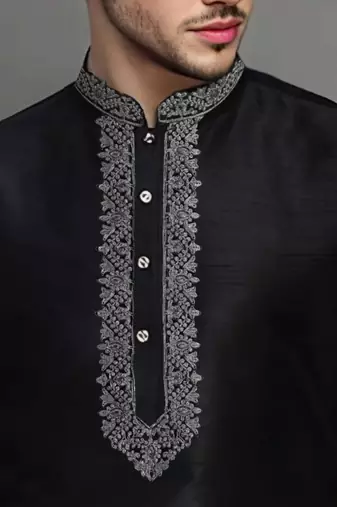 Black embroidered dupion art silk kurta set