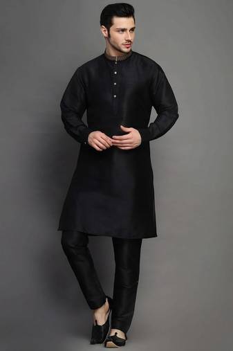 Black embroidered dupion art silk kurta set