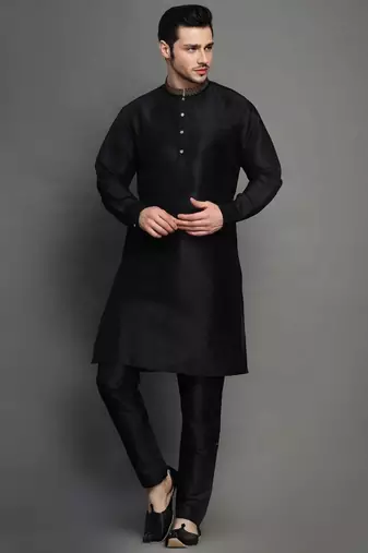 Black embroidered dupion art silk kurta set