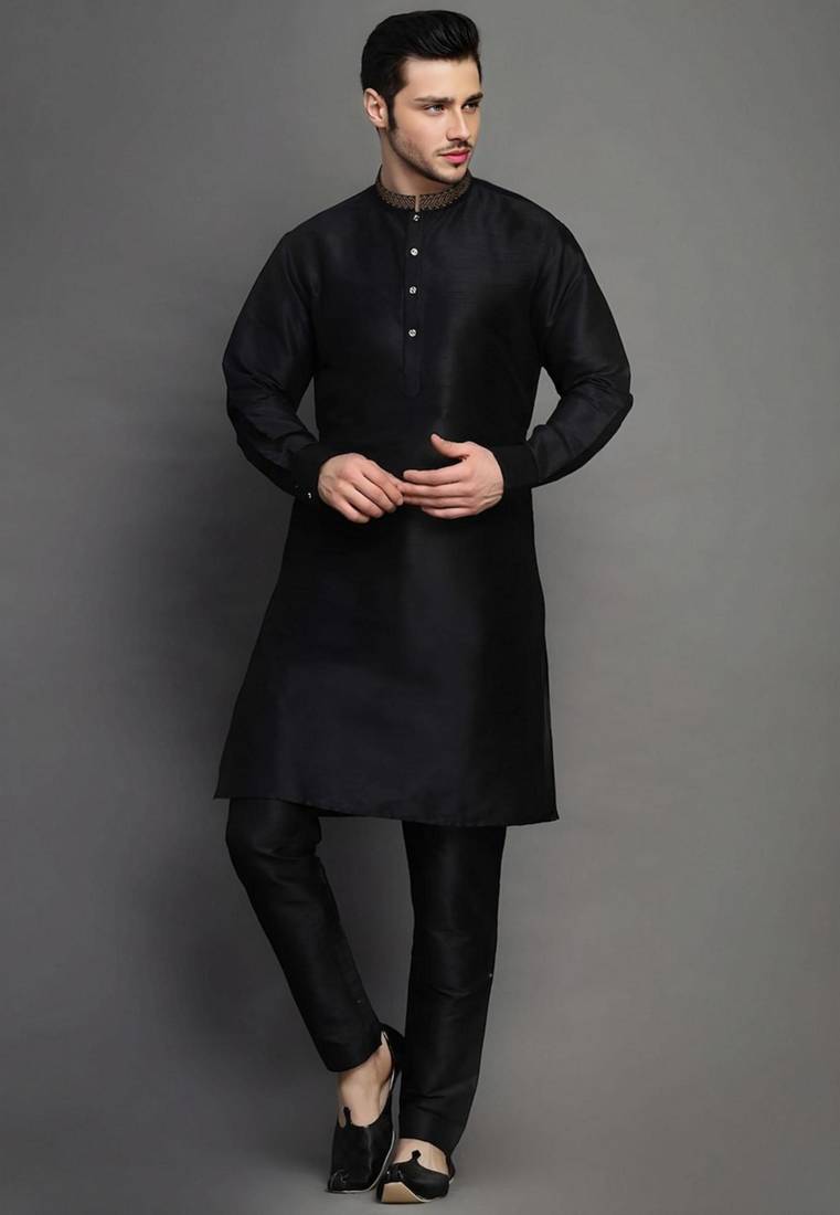 Black embroidered dupion art silk kurta set