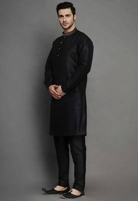 Black embroidered dupion art silk kurta set 2