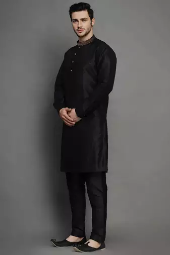 Black embroidered dupion art silk kurta set