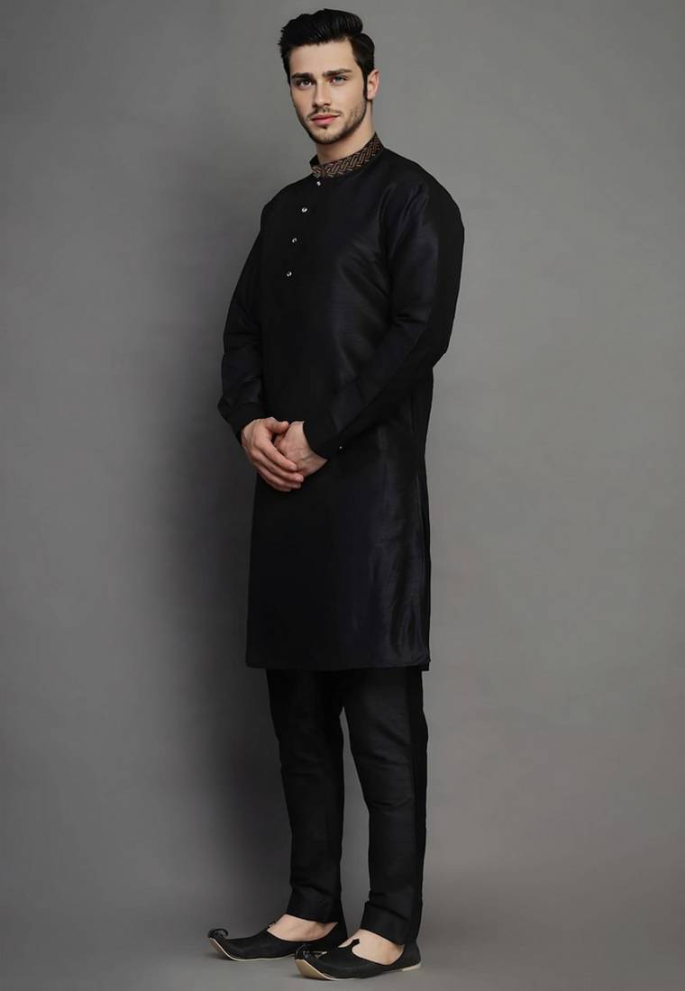 Black embroidered dupion art silk kurta set