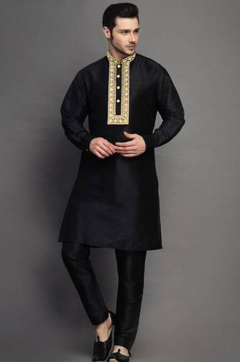 Black embroidered dupion art silk kurta set