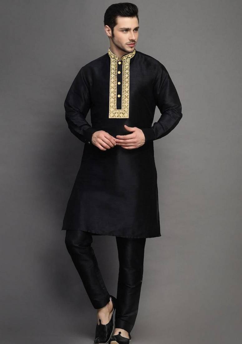 Black embroidered dupion art silk kurta set