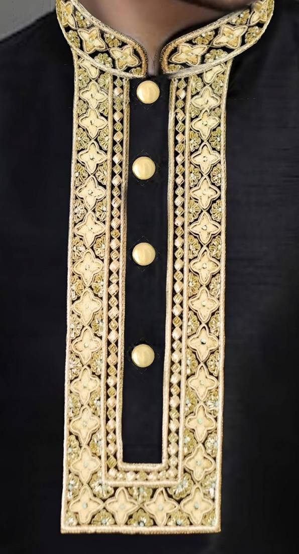 Black embroidered dupion art silk kurta set