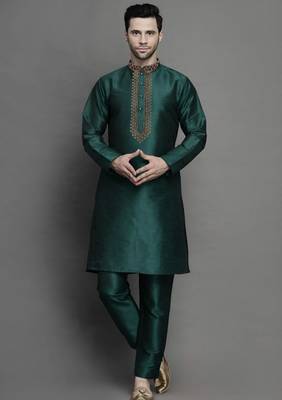 Bottle green embroidered dupion art silk kurta set 1