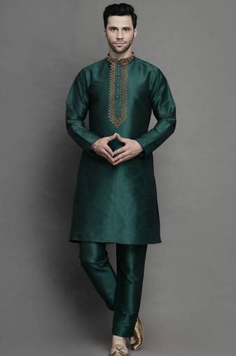 Bottle green embroidered dupion art silk kurta set