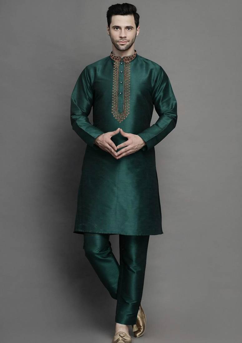 Bottle green embroidered dupion art silk kurta set