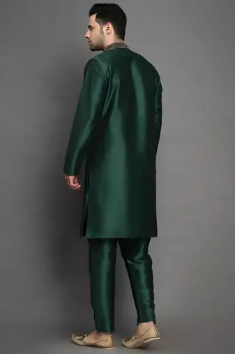 Bottle green embroidered dupion art silk kurta set