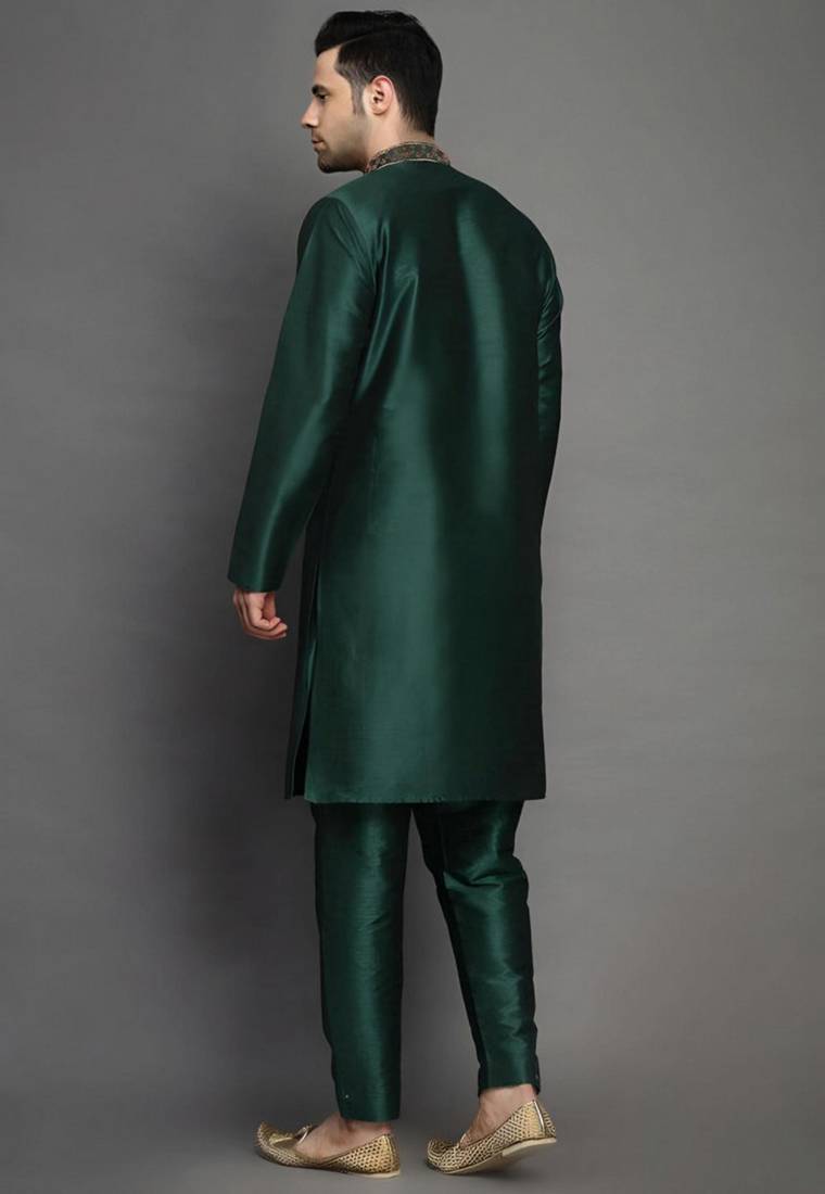 Bottle green embroidered dupion art silk kurta set