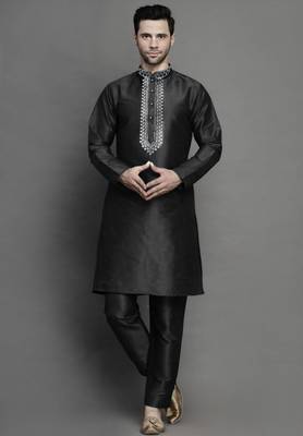 Black embroidered dupion art silk kurta set 1