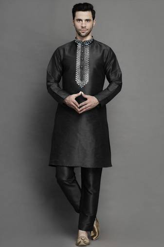 Black embroidered dupion art silk kurta set