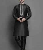 Black embroidered dupion art silk kurta set