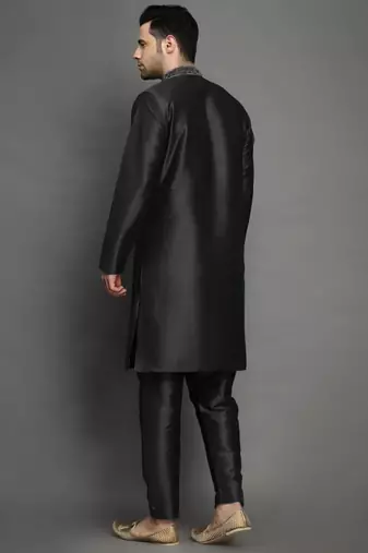 Black embroidered dupion art silk kurta set