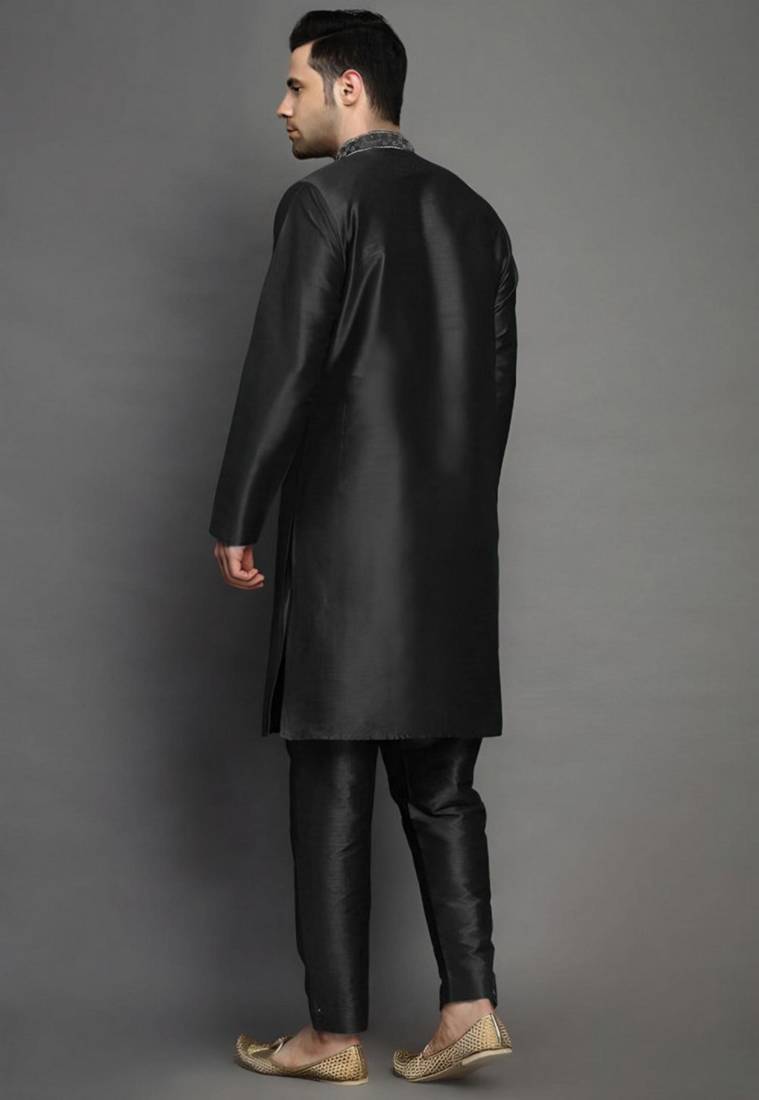 Black embroidered dupion art silk kurta set