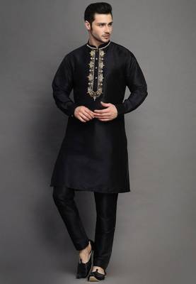 Black embroidered dupion art silk kurta set 1