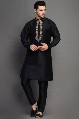 Black embroidered dupion art silk kurta set