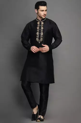 Black embroidered dupion art silk kurta set
