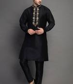 Black embroidered dupion art silk kurta set