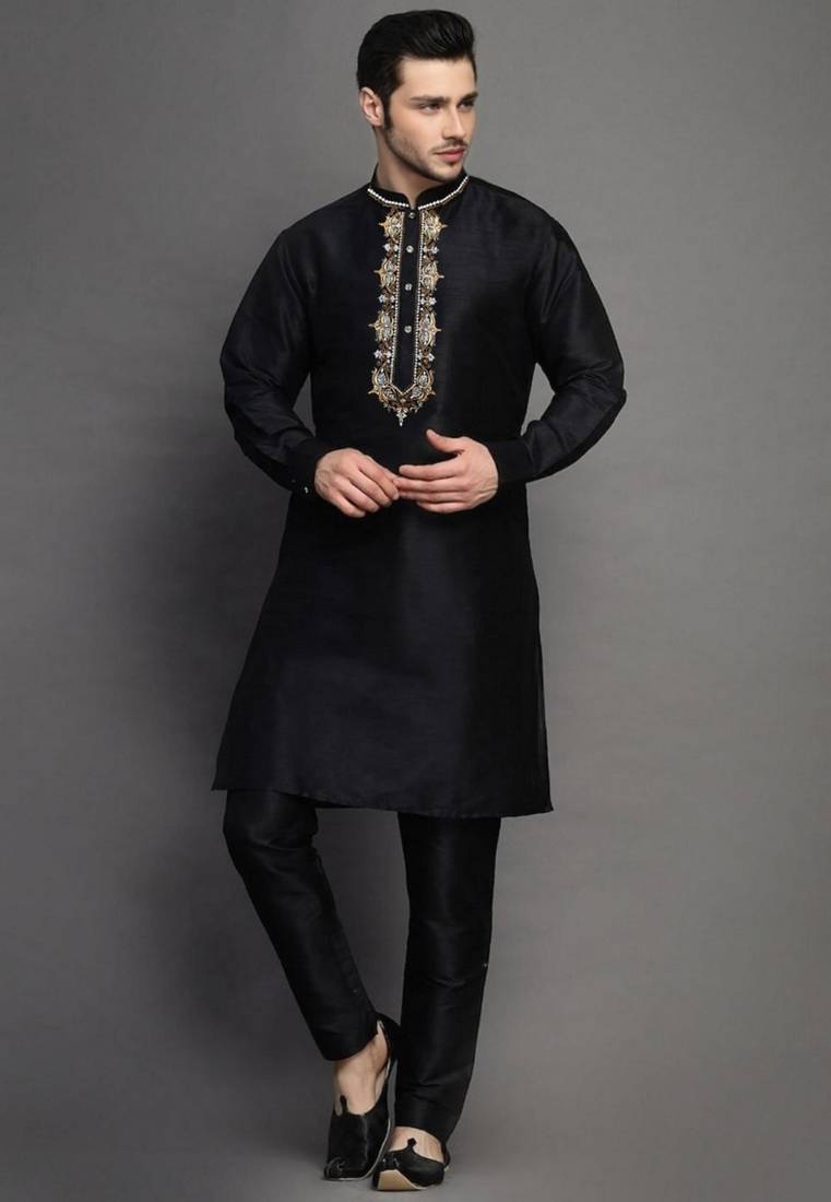 Black embroidered dupion art silk kurta set