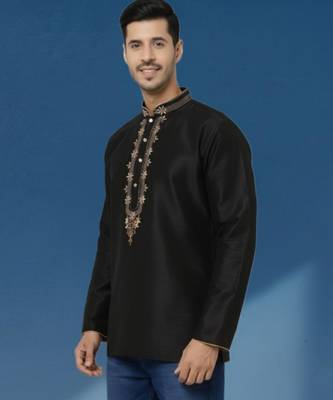 Black embroidered dupion art silk kurta  1