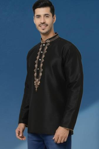 Black embroidered dupion art silk kurta 