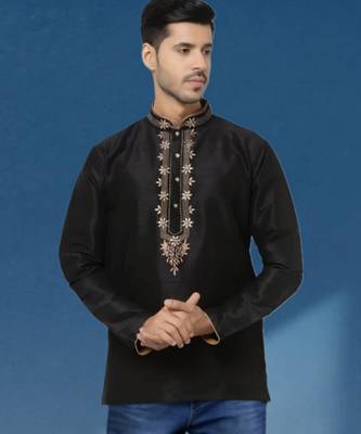 Black embroidered dupion art silk kurta  2