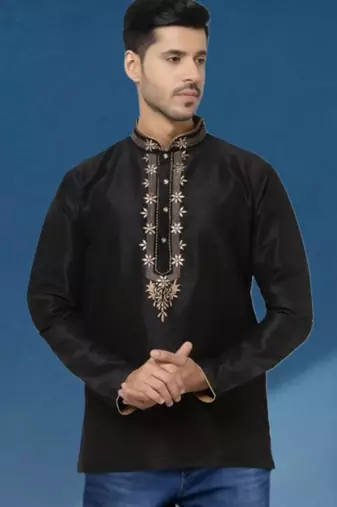 Black embroidered dupion art silk kurta 