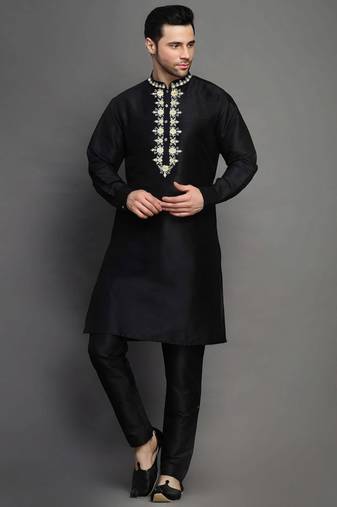 Black embroidered dupion art silk kurta set