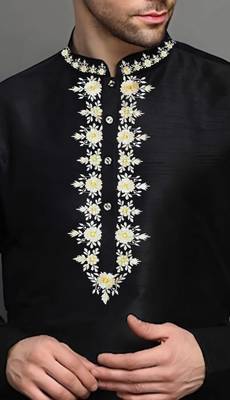Black embroidered dupion art silk kurta set 2