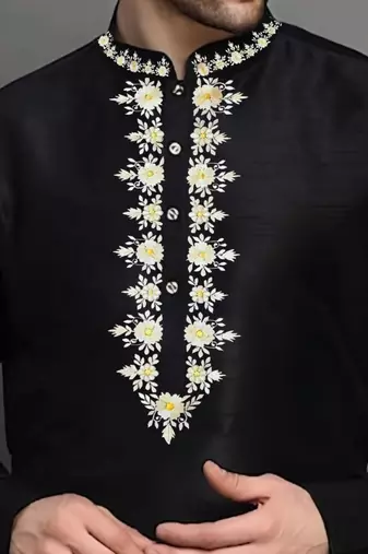 Black embroidered dupion art silk kurta set