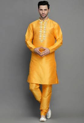 Orangish yellow embroidered dupion art silk kurta set 1