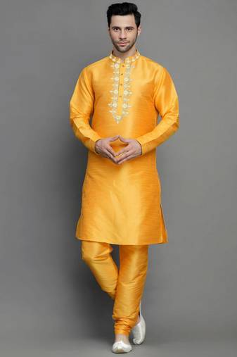 Orangish yellow embroidered dupion art silk kurta set