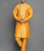 Orangish yellow embroidered dupion art silk kurta set