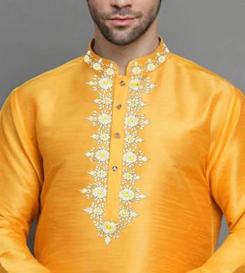 Orangish yellow embroidered dupion art silk kurta set 2