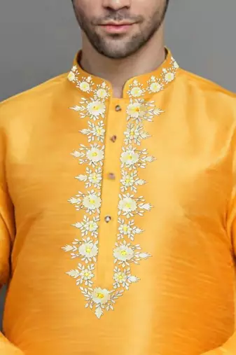 Orangish yellow embroidered dupion art silk kurta set