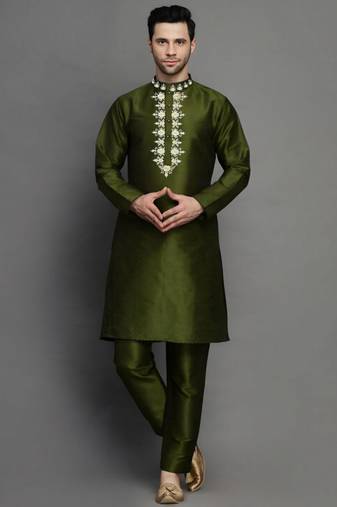 Mahendi green embroidered dupion art silk kurta set