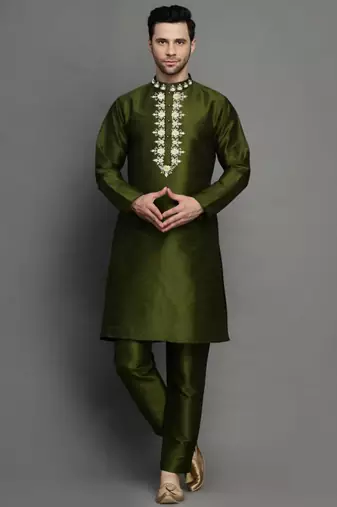 Mahendi green embroidered dupion art silk kurta set