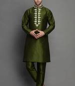 Mahendi green embroidered dupion art silk kurta set