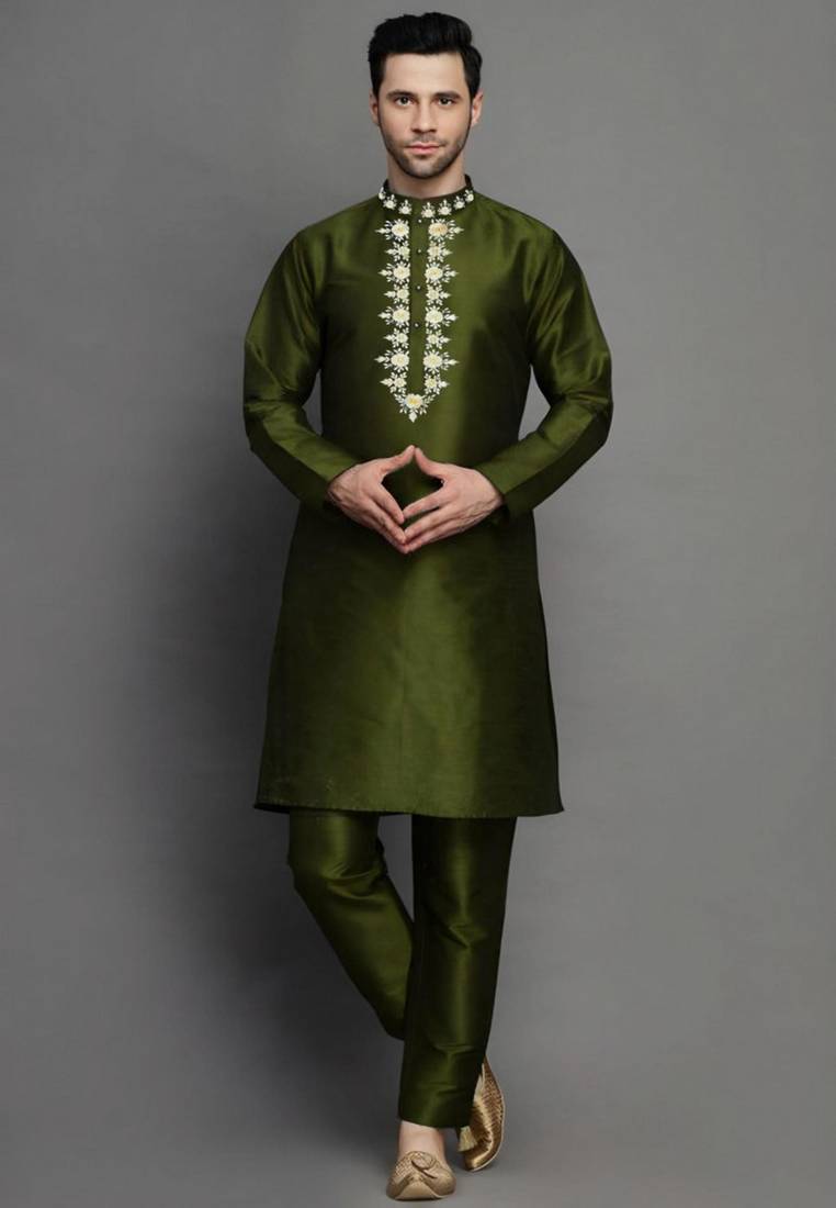 Mahendi green embroidered dupion art silk kurta set