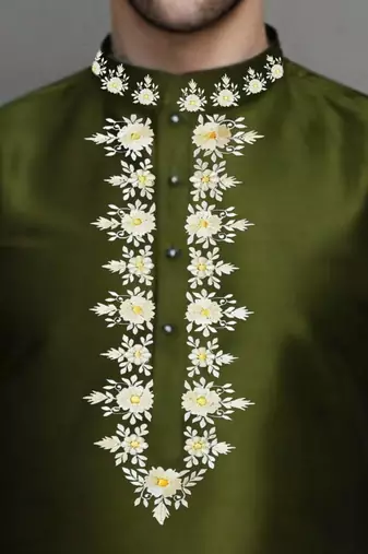 Mahendi green embroidered dupion art silk kurta set
