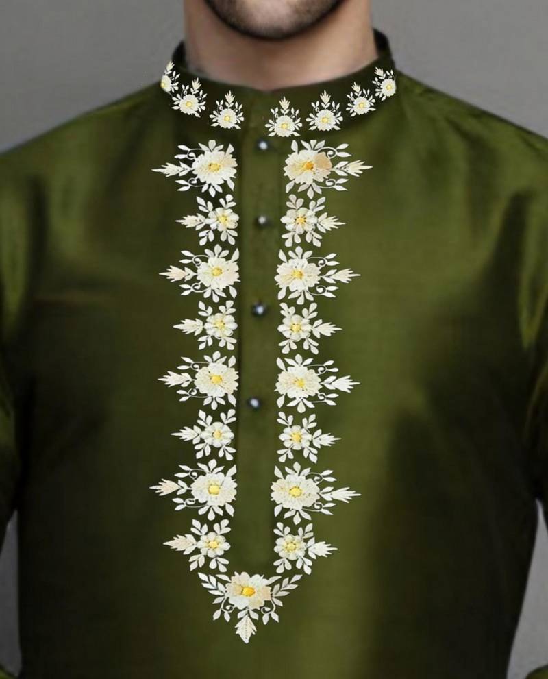 Mahendi green embroidered dupion art silk kurta set