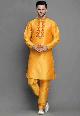 Orangish yellow embroidered dupion art silk kurta set 1