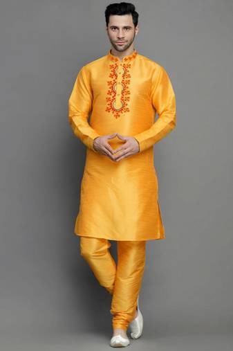 Orangish yellow embroidered dupion art silk kurta set