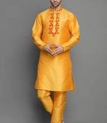 Orangish yellow embroidered dupion art silk kurta set