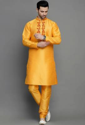 Orangish yellow embroidered dupion art silk kurta set 2